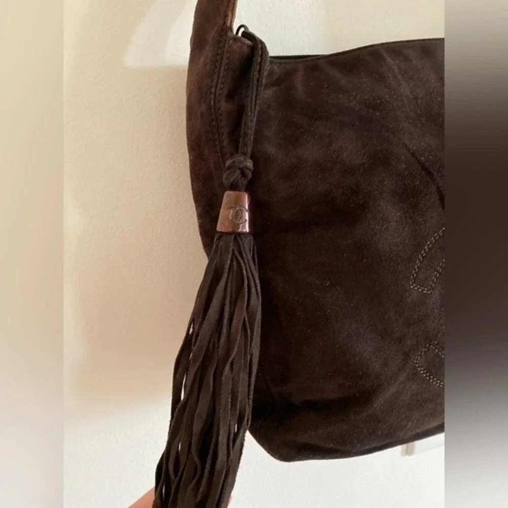 Chanel Suede Chocolate Brown CC Logo Tassel Shoulder Bag 90s Y2K Vintage Italy